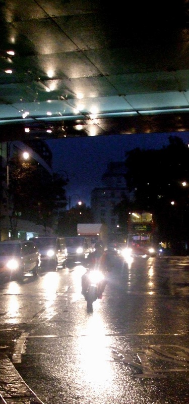 London, art, motorbike, rain, night